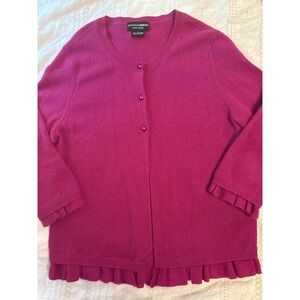 Sutton Cashmere Fuschia‎ Ruffle Trim 3/4 Sleeve Cardigan Sweater, Large